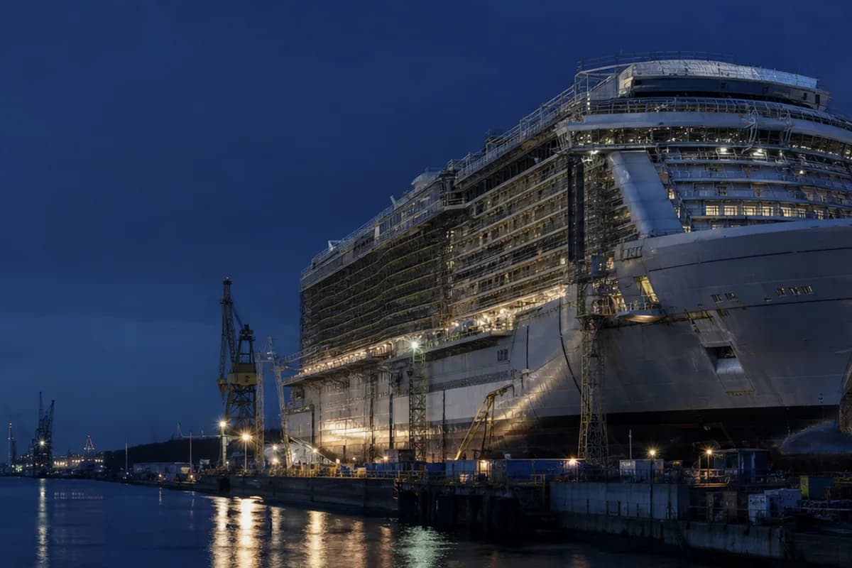 Cruise ship under construction at a large shipyard